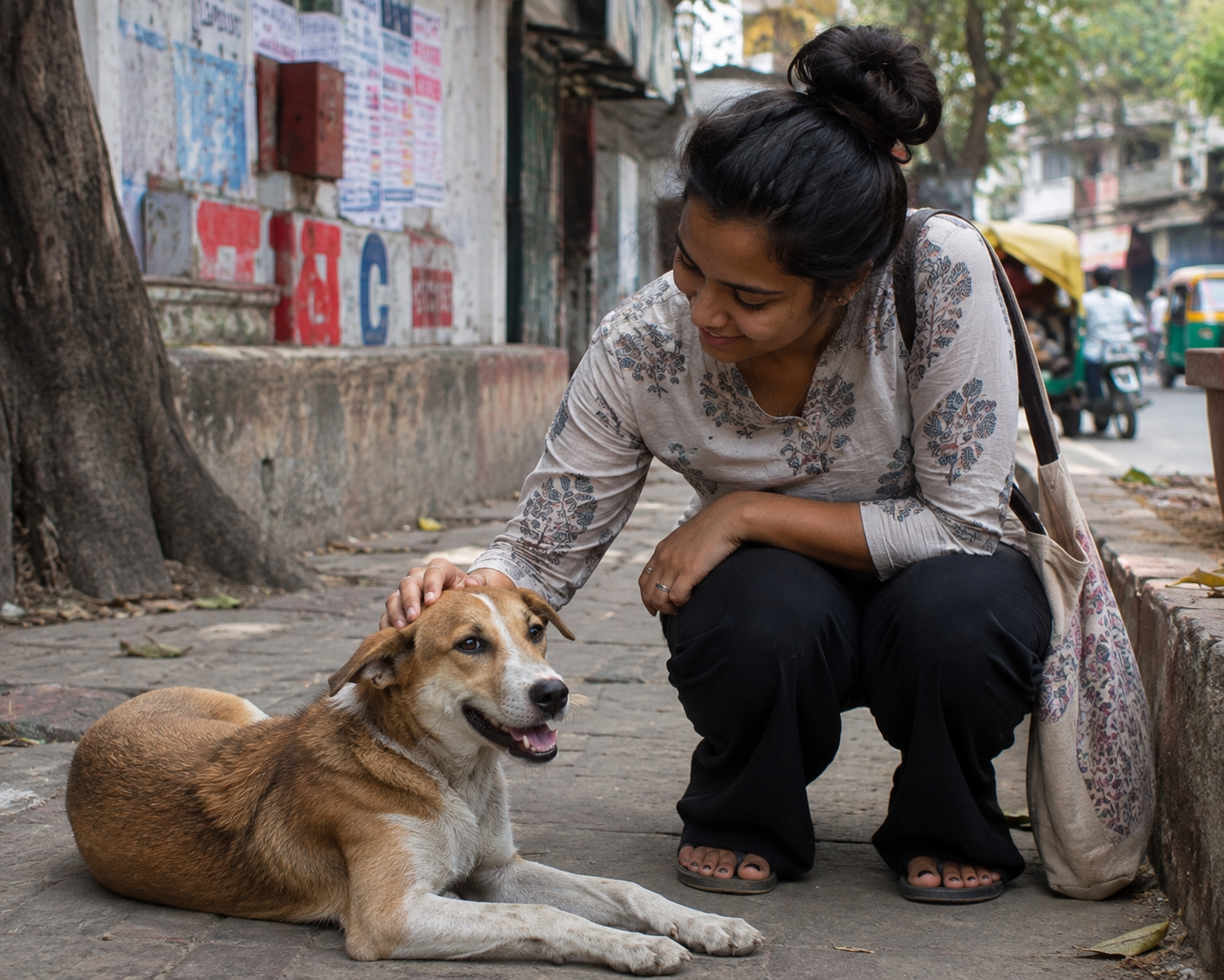 Woman petting a community dog on the street